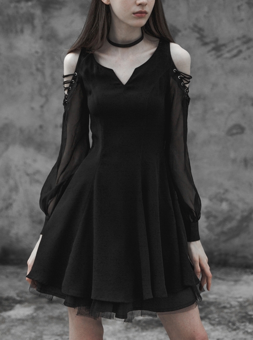 Steam Punk Female Black V-neck Lace Binding Pleated High Waist Dress