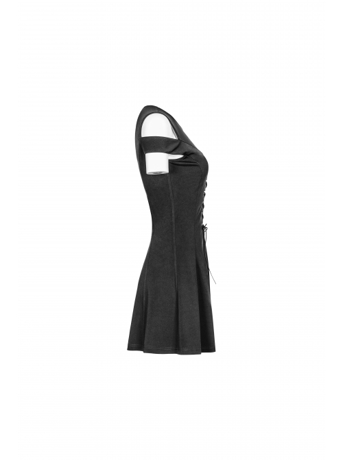 Gothic Female Black Binding Lace Stitching High Waist Dress