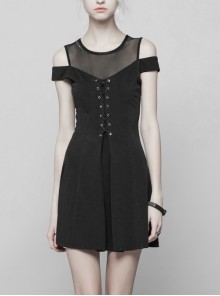Gothic Female Black Binding Lace Stitching High Waist Dress