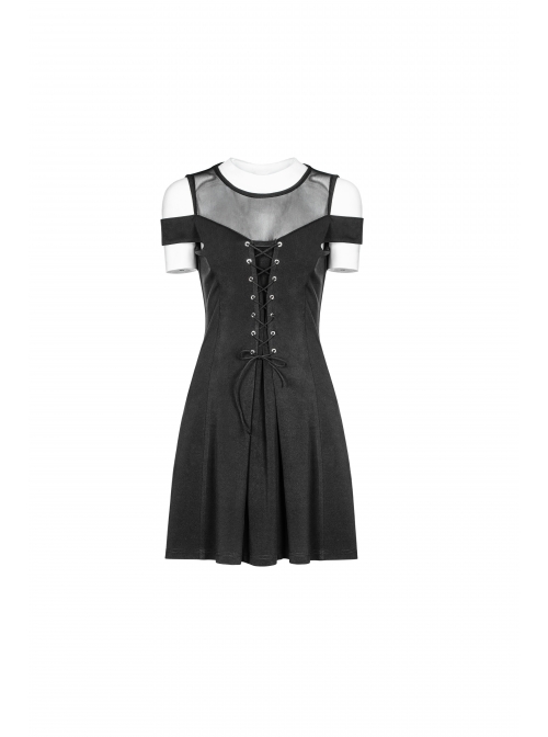 Gothic Female Black Binding Lace Stitching High Waist Dress