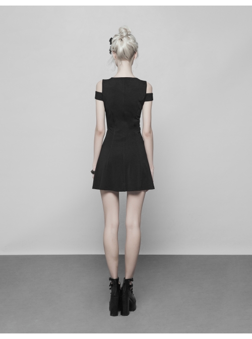 Gothic Female Black Binding Lace Stitching High Waist Dress