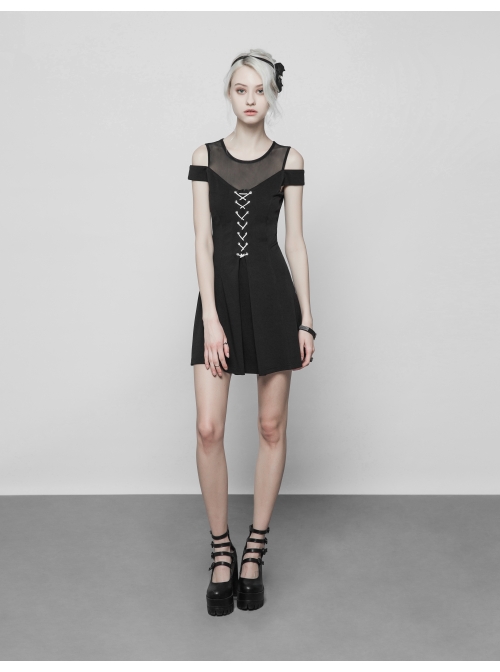 Gothic Female Black Binding Lace Stitching High Waist Dress