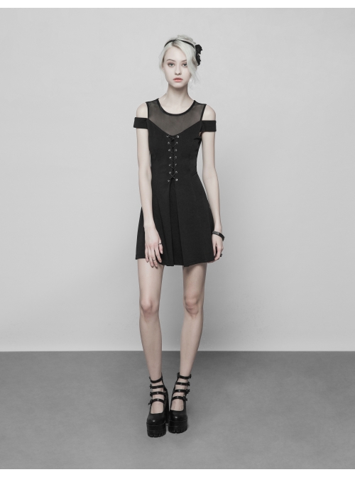 Gothic Female Black Binding Lace Stitching High Waist Dress
