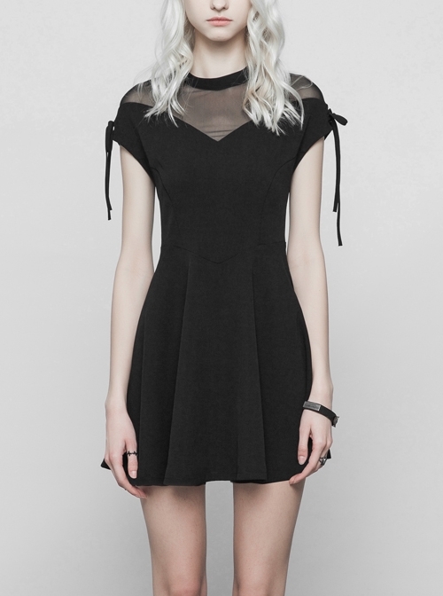 Gothic Female Casual Black Lace Stitching Chiffon High Waist Dress