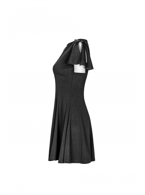 Gothic Female Black Elastic Hollow Lace Embroidered High Waist Dress