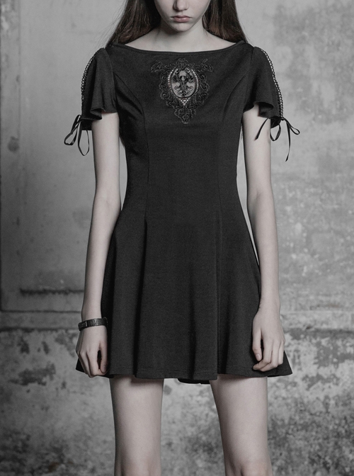 Gothic Female Black Elastic Hollow Lace Embroidered High Waist Dress