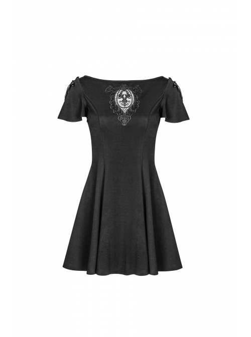 Gothic Female Black Elastic Hollow Lace Embroidered High Waist Dress