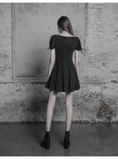 Gothic Female Black Elastic Hollow Lace Embroidered High Waist Dress