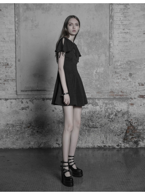 Gothic Female Black Elastic Hollow Lace Embroidered High Waist Dress