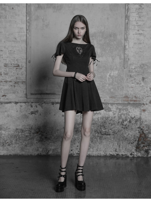 Gothic Female Black Elastic Hollow Lace Embroidered High Waist Dress
