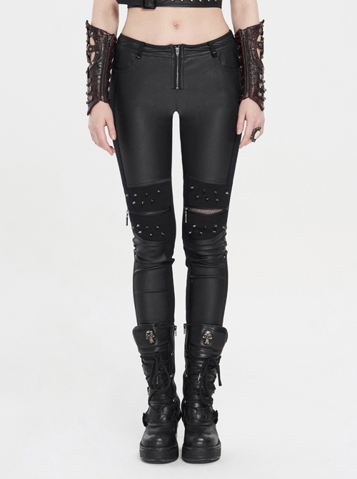 Knee Splice Mesh Rivet Decoration Bottom Zipper Black Punk Tight PU Leather Pants