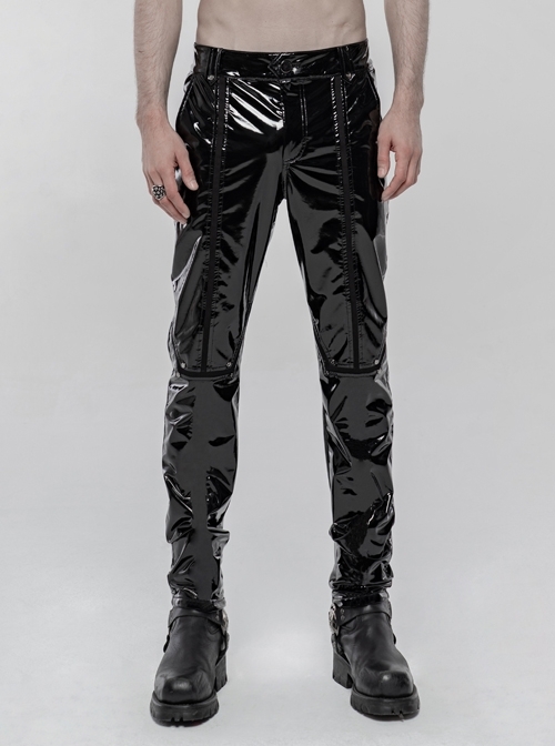 Black Stretch Patent PU Leather Splice Velvety Punk Trousers