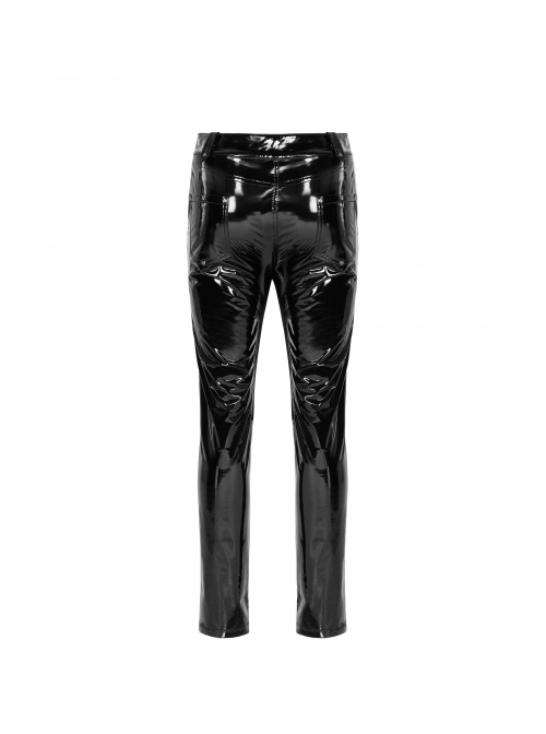 Black Stretch Patent PU Leather Splice Velvety Punk Trousers