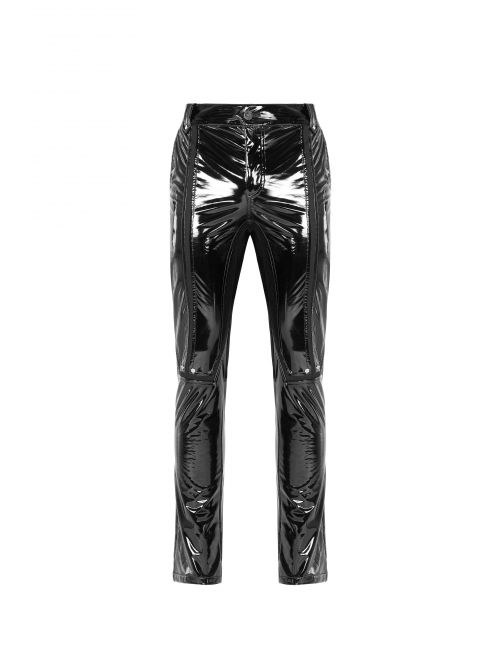 Black Stretch Patent PU Leather Splice Velvety Punk Trousers