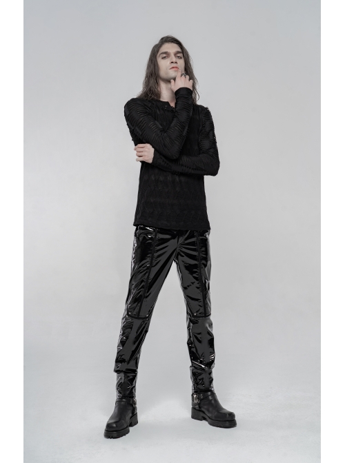 Black Stretch Patent PU Leather Splice Velvety Punk Trousers