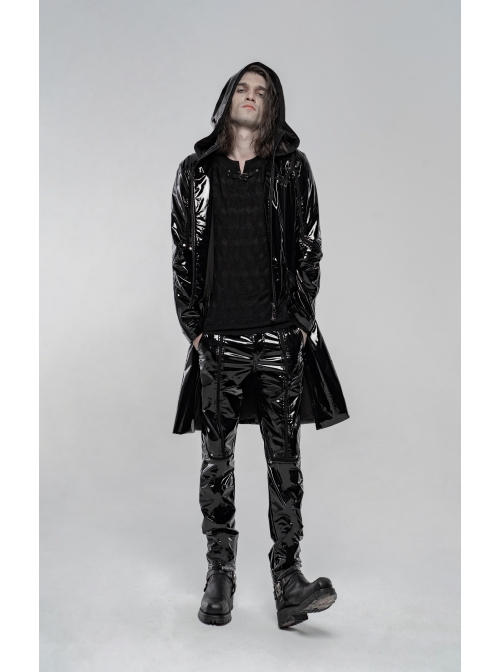 Black Stretch Patent PU Leather Splice Velvety Punk Trousers