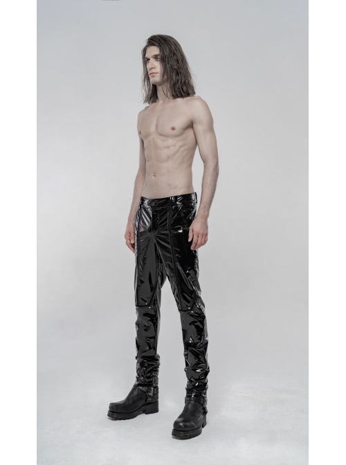 Black Stretch Patent PU Leather Splice Velvety Punk Trousers