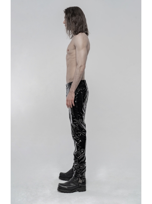 Black Stretch Patent PU Leather Splice Velvety Punk Trousers
