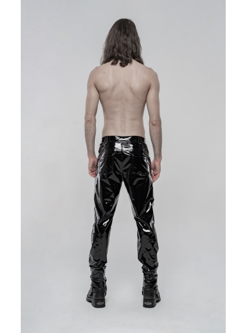 Black Stretch Patent PU Leather Splice Velvety Punk Trousers