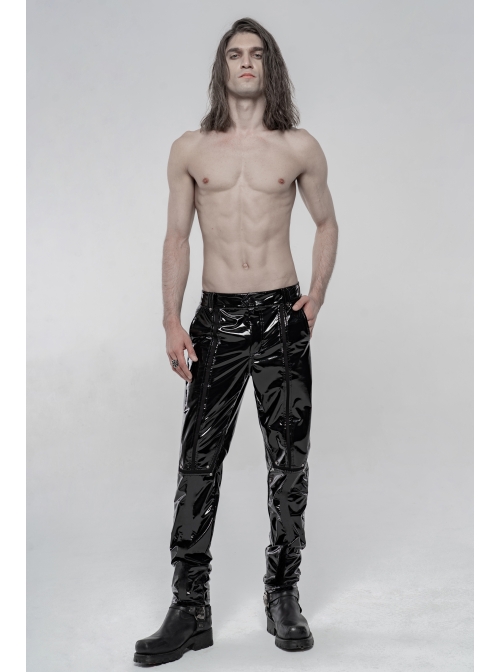 Black Stretch Patent PU Leather Splice Velvety Punk Trousers