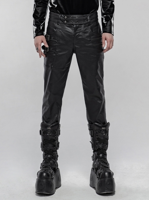 Waist Metal Buckle Side Zipper Hasp Black Punk Imitation Leather Pants