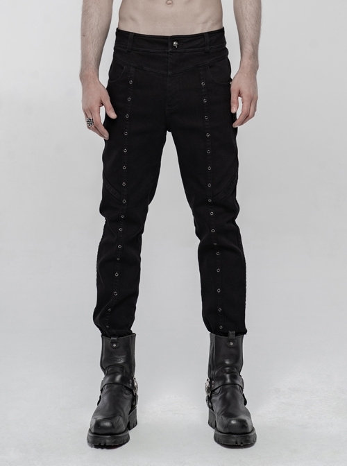 Skull Button Braided Belt Metal Rings Decoration Black Punk Twill Velvet Trousers