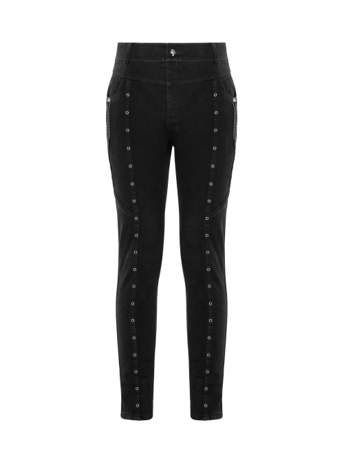 Skull Button Braided Belt Metal Rings Decoration Black Punk Twill Velvet Trousers