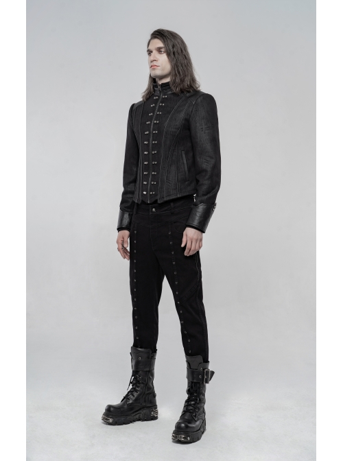 Skull Button Braided Belt Metal Rings Decoration Black Punk Twill Velvet Trousers