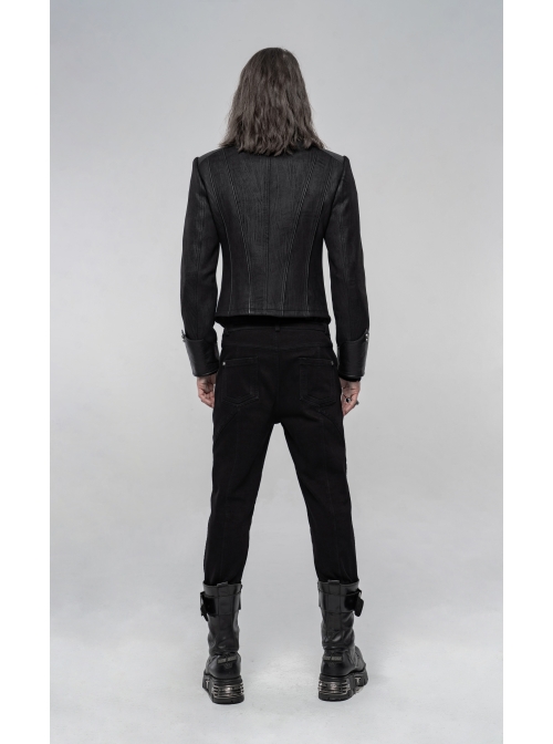 Skull Button Braided Belt Metal Rings Decoration Black Punk Twill Velvet Trousers