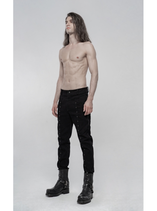 Skull Button Braided Belt Metal Rings Decoration Black Punk Twill Velvet Trousers