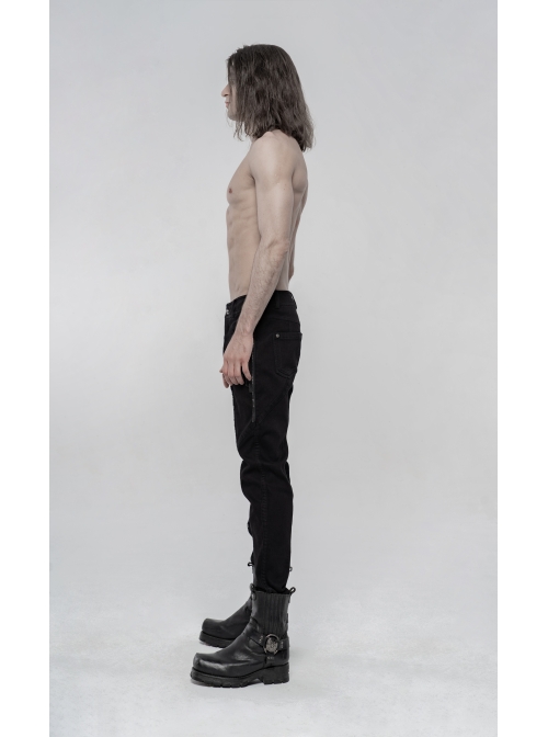 Skull Button Braided Belt Metal Rings Decoration Black Punk Twill Velvet Trousers