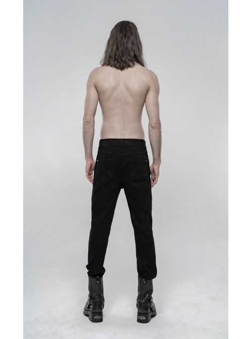 Skull Button Braided Belt Metal Rings Decoration Black Punk Twill Velvet Trousers