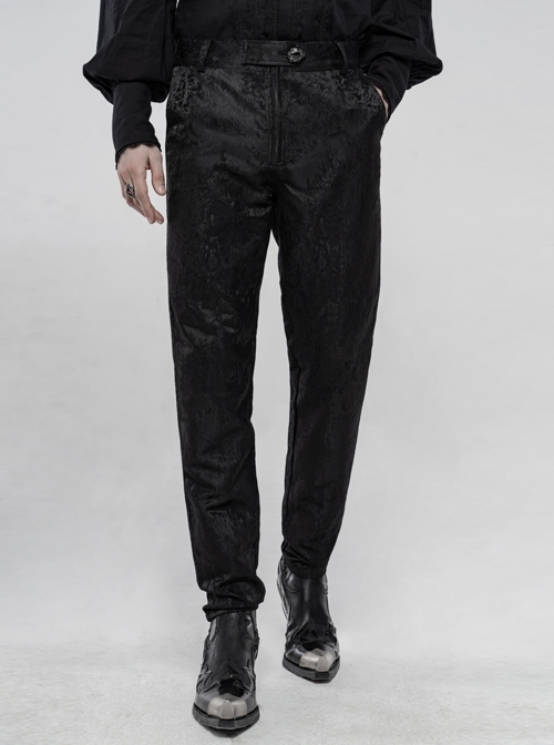 Jacquard Tatting Retro Carved Buttons Waistband Black Gothic Pants