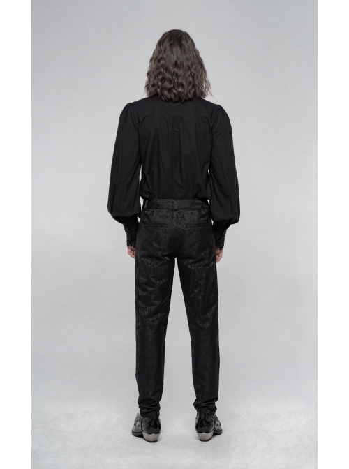 Jacquard Tatting Retro Carved Buttons Waistband Black Gothic Pants