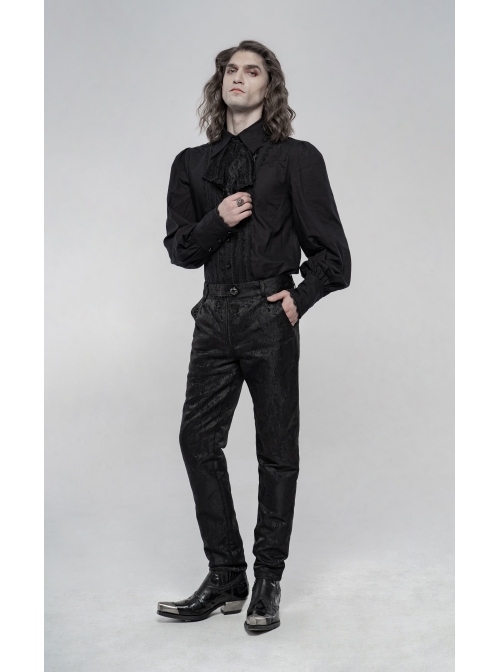 Jacquard Tatting Retro Carved Buttons Waistband Black Gothic Pants