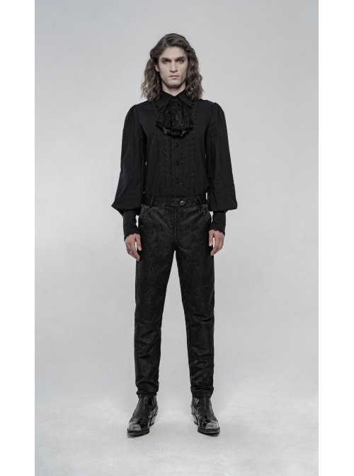Jacquard Tatting Retro Carved Buttons Waistband Black Gothic Pants