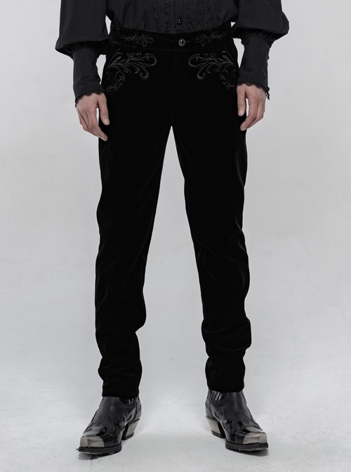 Weft Velvet Waist Embroidered Retro Button Exquisite Black Gothic Trousers