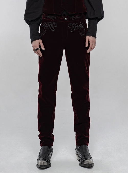 Weft Velvet Waist Embroidered Retro Button Exquisite Wine Red Gothic Trousers
