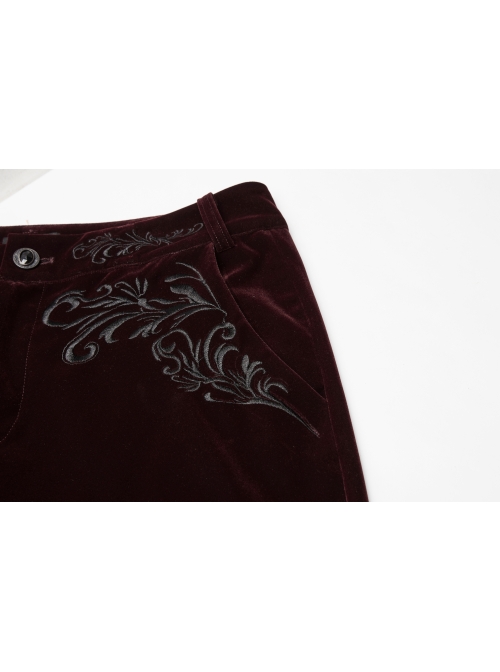 Weft Velvet Waist Embroidered Retro Button Exquisite Wine Red Gothic Trousers