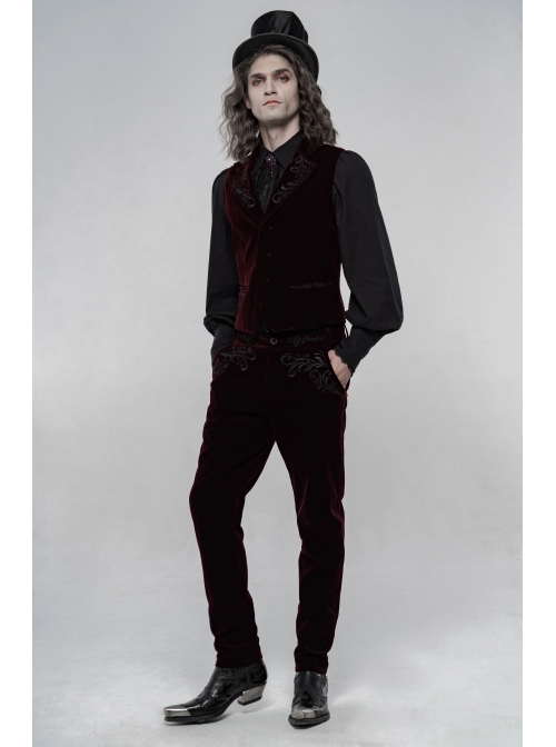 Weft Velvet Waist Embroidered Retro Button Exquisite Wine Red Gothic Trousers