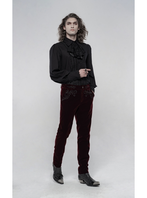 Weft Velvet Waist Embroidered Retro Button Exquisite Wine Red Gothic Trousers