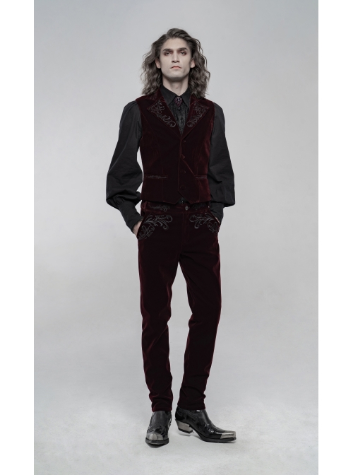 Weft Velvet Waist Embroidered Retro Button Exquisite Wine Red Gothic Trousers