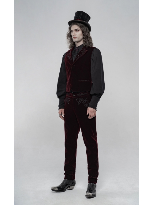 Weft Velvet Waist Embroidered Retro Button Exquisite Wine Red Gothic Trousers