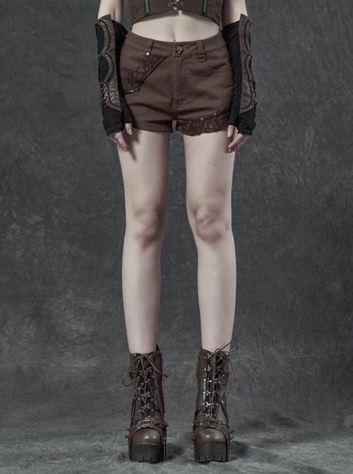 Brown Twill Weave Spliced Mesh Metal Skull Button Rivet Punk Shorts
