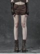 Brown Twill Weave Spliced Mesh Metal Skull Button Rivet Punk Shorts