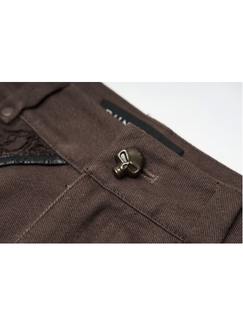 Brown Twill Weave Spliced Mesh Metal Skull Button Rivet Punk Shorts