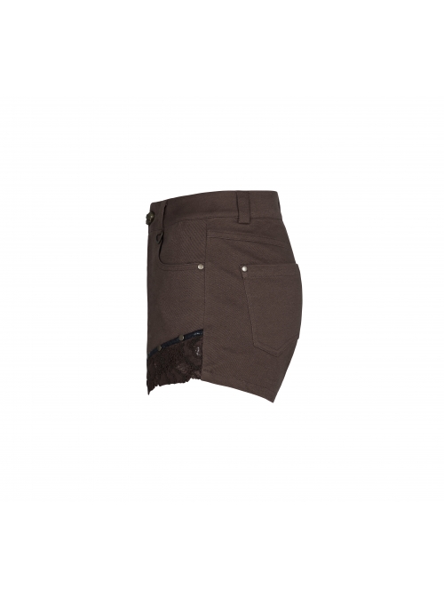 Brown Twill Weave Spliced Mesh Metal Skull Button Rivet Punk Shorts