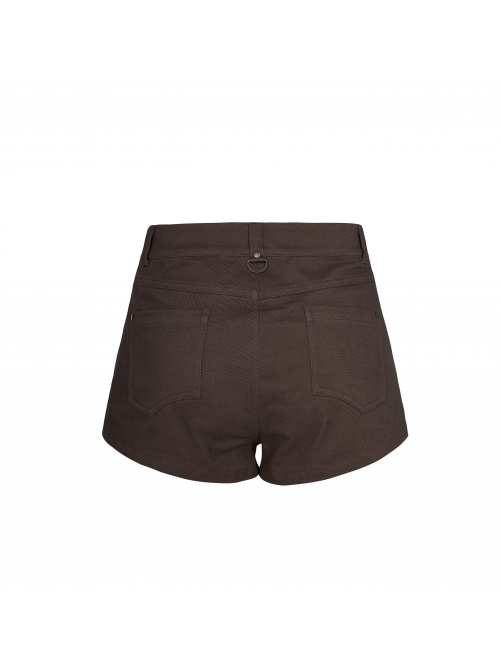 Brown Twill Weave Spliced Mesh Metal Skull Button Rivet Punk Shorts
