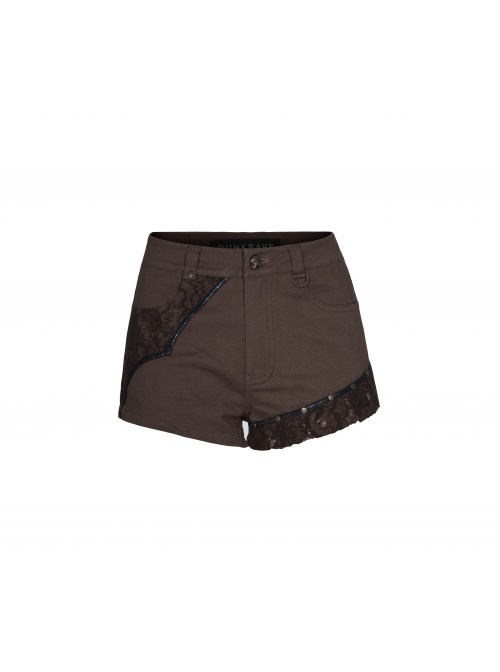 Brown Twill Weave Spliced Mesh Metal Skull Button Rivet Punk Shorts