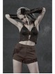 Brown Twill Weave Spliced Mesh Metal Skull Button Rivet Punk Shorts
